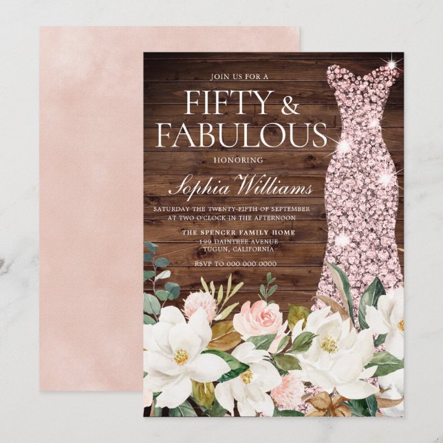 Rose Gold Dress Blush White Rustic 50th Birthday Invitation (Front/Back)