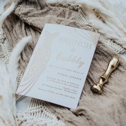 Rose Gold Dress Bridal Shower Brunch  Bubbly Foil Invitation