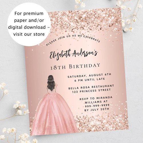 Rose gold dress budget birthday party invitation flyer