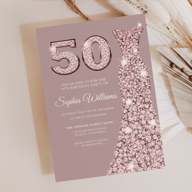 Rose Gold Dress Dusty Pink 50th Birthday Invitation (Creator Uploaded)
