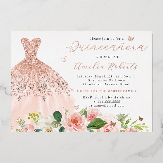 Rose Gold Dress Elegant Blush Floral Butterfly  Foil Invitation (Front)