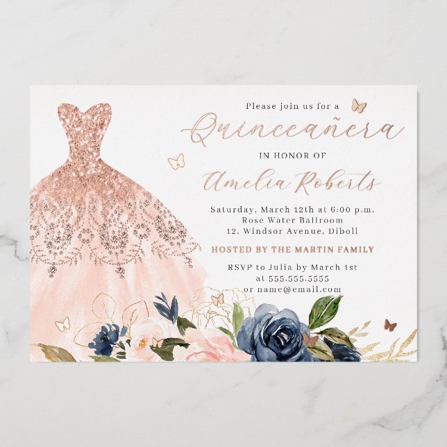 Rose Gold Dress Elegant Floral Butterfly  Foil Invitation (Front)