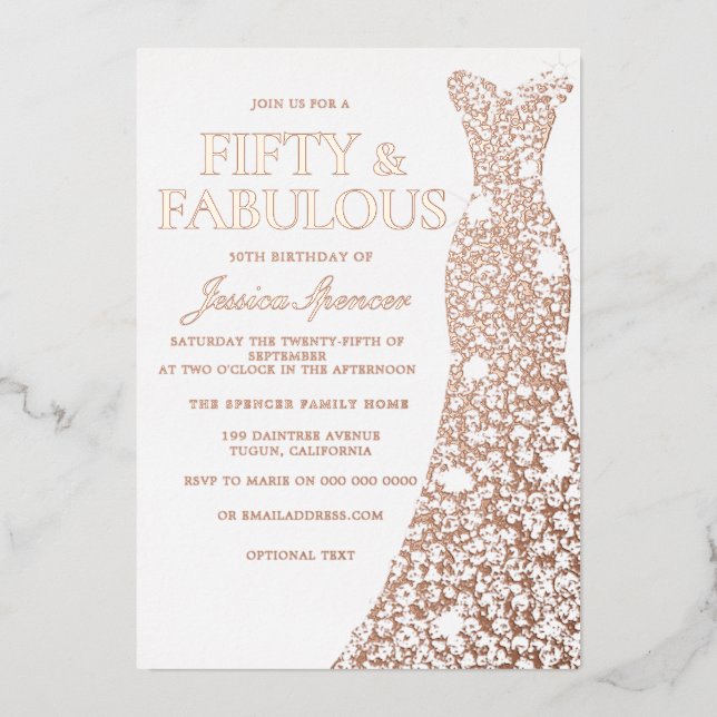 Rose Gold Dress Fifty & fabulous 50th Birthday Foil Invitation (Front)