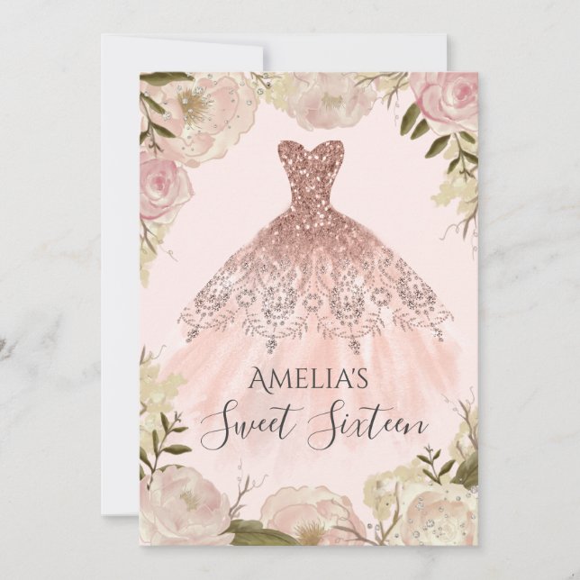 Rose Gold Dress Floral Rose Sweet Sixteen Invite (Front)