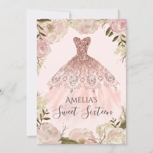 Rose Gold Dress Floral Rose Sweet Sixteen Invite