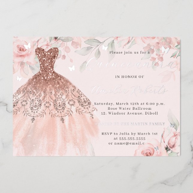 Rose Gold Dress Floral Silver Butterfly  Foil Invitation (Front)