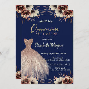 Rose Gold Dress Flowers Navy Blue Quinceañera Invitation