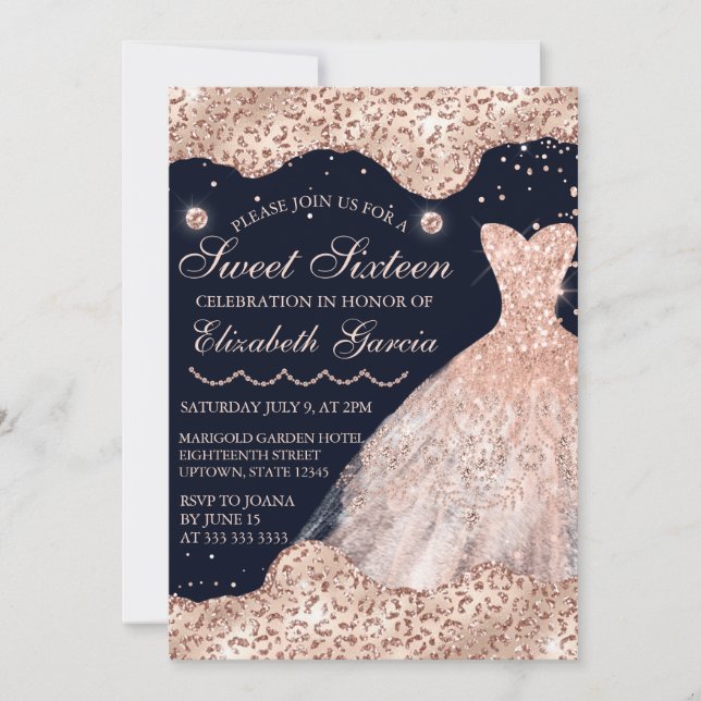 Rose Gold Dress & Glam Edges Sweet 16 Invitation (Front)