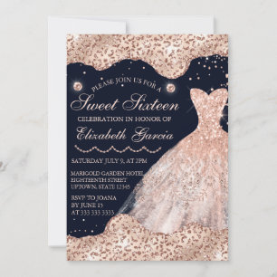 Rose Gold Dress & Glam Edges Sweet 16 Invitation