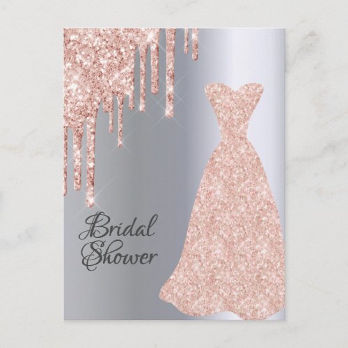 Rose gold dress glitter bridal shower invitation postcard