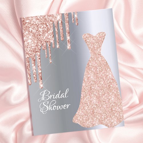 Rose gold dress glitter bridal shower invitation postcard