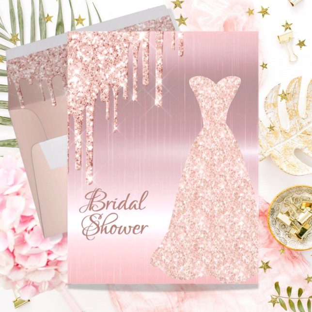 Rose gold dress glitter bridal shower invitation postcard (Creator Uploaded)