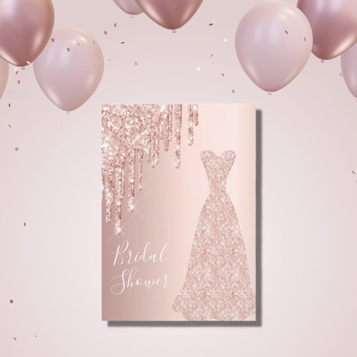 Rose gold dress glitter drips bridal shower invitation
