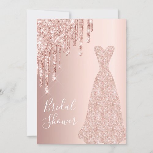 Rose gold dress glitter drips glam bridal shower invitation