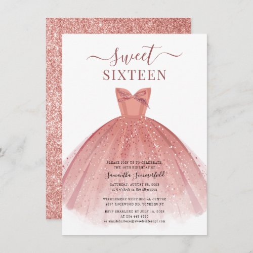 Rose Gold Dress Glitter Sweet 16 Birthday Invitation