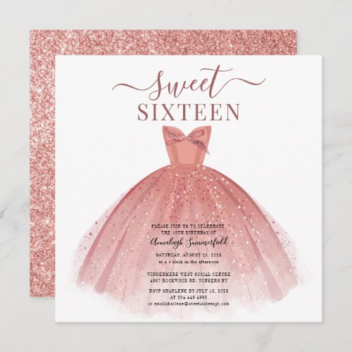 Rose Gold Dress Glitter Sweet 16 Birthday Invitation