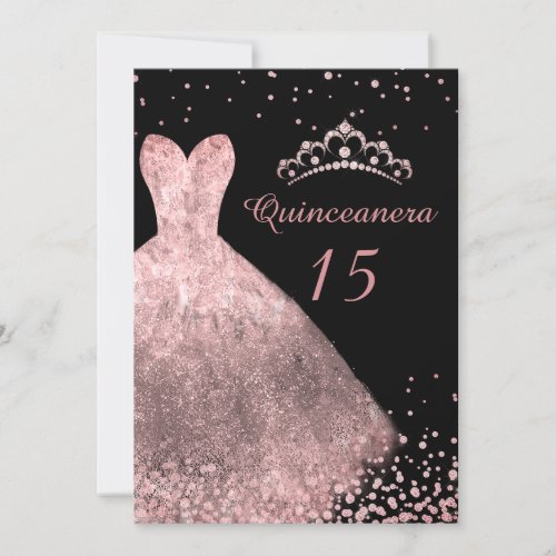 Rose Gold Dress Gown Black Quinceanera Party 15th Invitation
