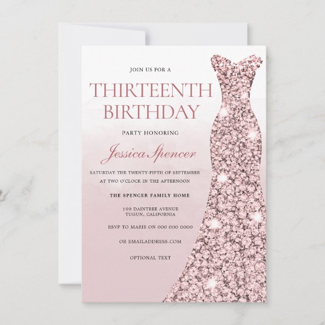 Rose Gold Dress Pink Girls 13th Birthday Party Invitation (Front)