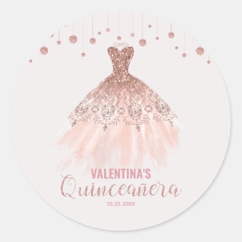 Rose Gold Dress Quinceaera 15th Birthday Favor Classic Round Sticker