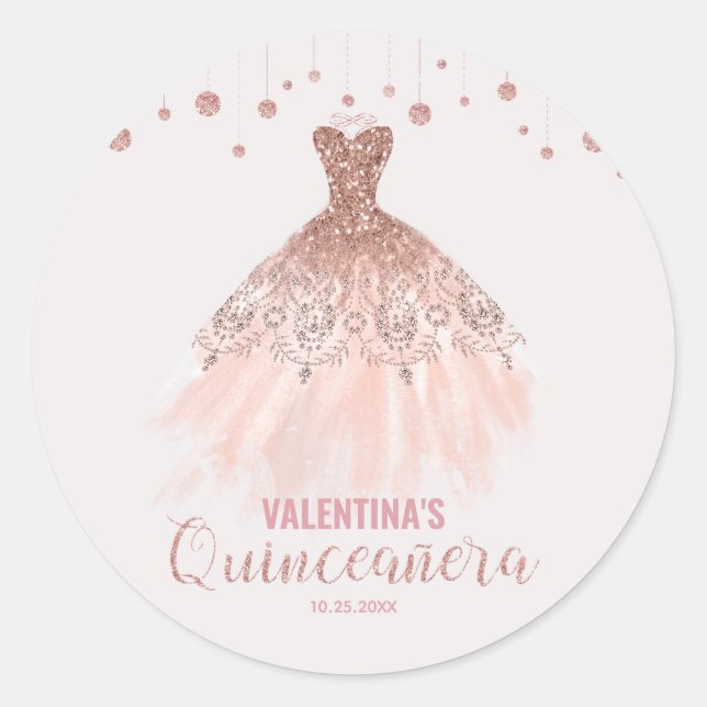 Rose Gold Dress Quinceañera 15th Birthday Favor Classic Round Sticker (Front)