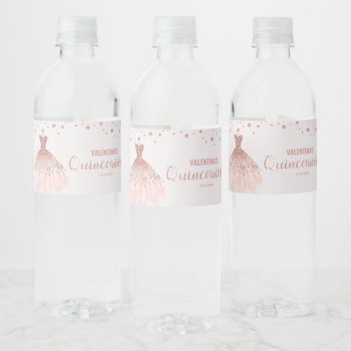 Rose Gold Dress Quinceaera 15th Birthday Favor Water Bottle Label