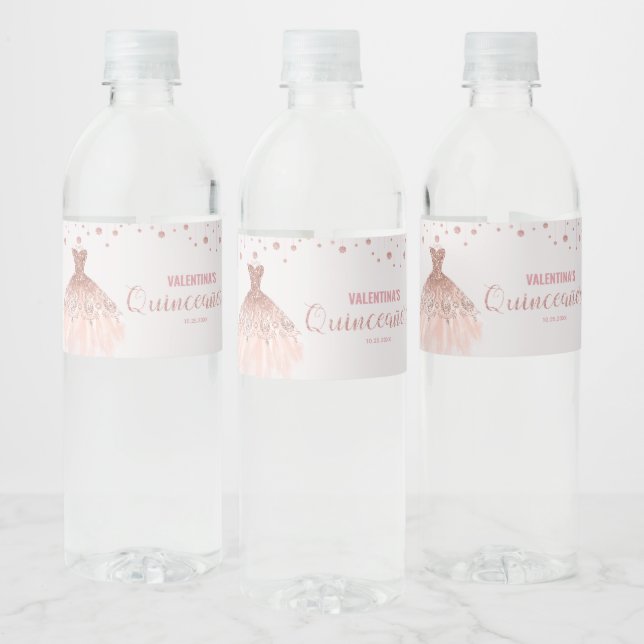 Rose Gold Dress Quinceañera 15th Birthday Favor Water Bottle Label (Bottles)
