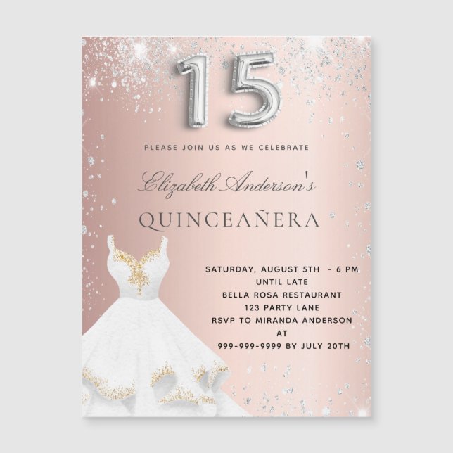 Rose gold dress Quinceanera magnet invitation (Front)