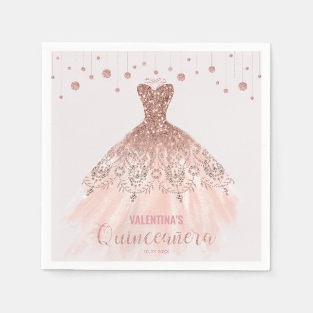 Rose Gold Dress Quinceañera Princess 15th Birthday Napkins (Front)
