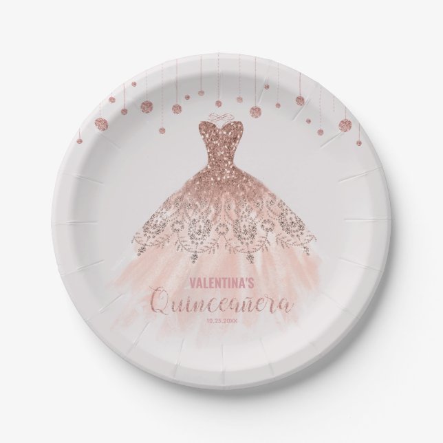 Rose Gold Dress Quinceañera Quinceanera 15th Paper Plates (Front)