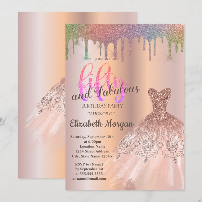 Rose Gold Dress Rainbow Drips 50th Birthday Party  Invitation (Front/Back)