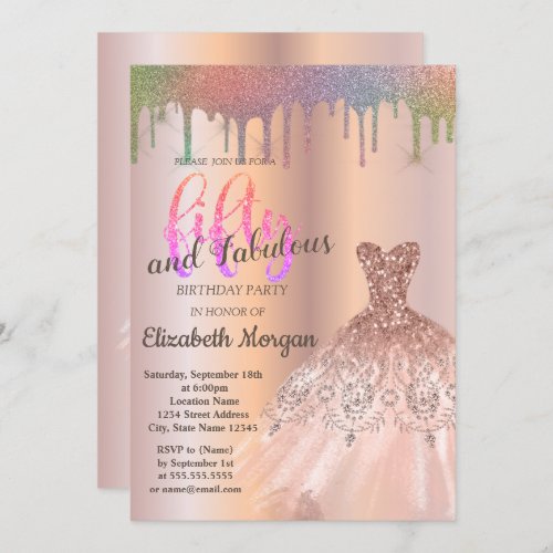 Rose Gold Dress Rainbow Drips 50th Birthday Party  Invitation