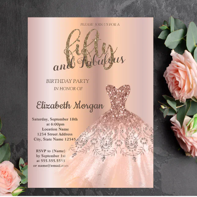 Rose Gold Dress, Rose Gold 50th Birthday Party Invitation | Zazzle