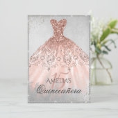 Rose Gold Dress Silver Sparkle 15th Quinceanera Invitation (Standing Front)
