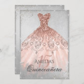 Rose Gold Dress Silver Sparkle 15th Quinceanera Invitation (Front/Back)