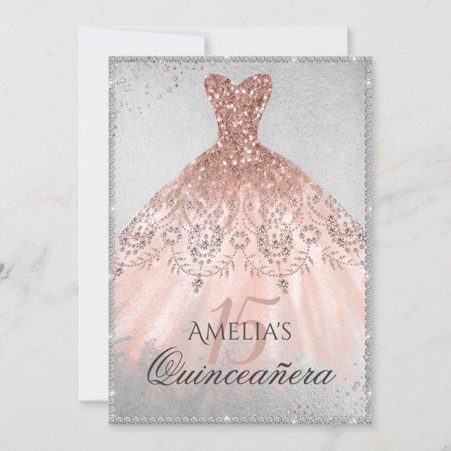 Rose Gold Dress Silver Sparkle 15th Quinceanera Invitation (Front)