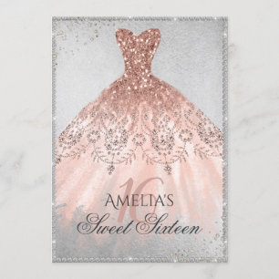Rose Gold Dress Silver Sparkle 16th Sweet Sixteen Invitation