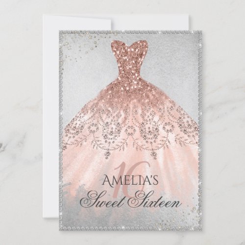 Rose Gold Dress Silver Sparkle 16th Sweet Sixteen Invitation