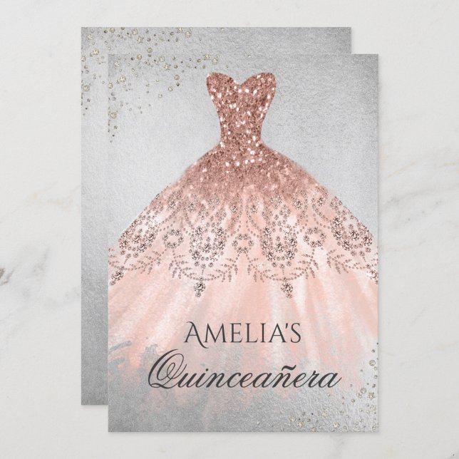 Rose Gold Dress Silver Sparkle Quinceanera Invite (Front/Back)