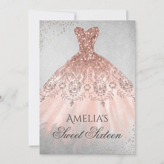 Rose Gold Dress Silver Sparkle Sweet Sixteen Invitation (Front)