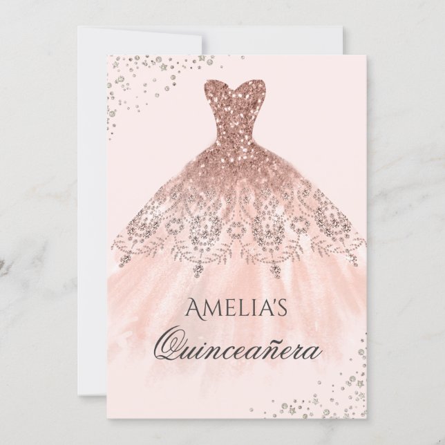 Rose Gold Dress Sparkle Quinceanera Invitation (Front)
