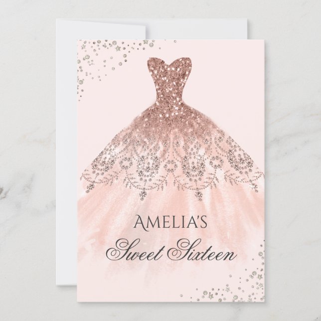 Rose Gold Dress Sparkle Sweet Sixteen Invitation (Front)