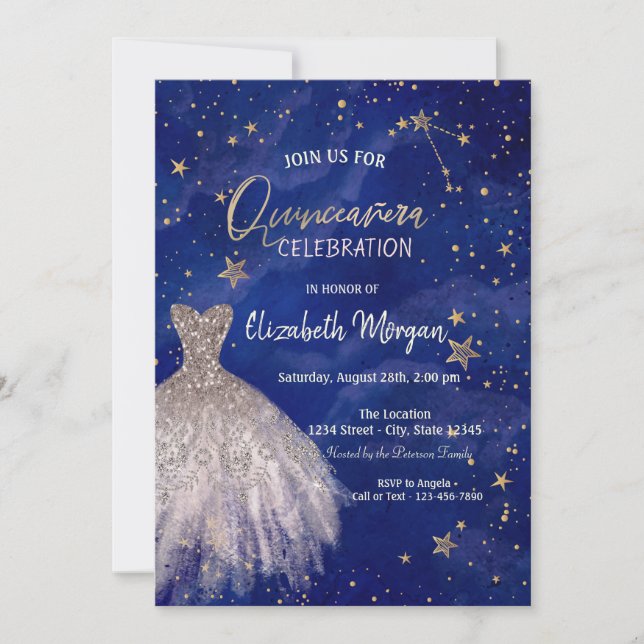 Rose Gold Dress Stars Galaxy Quinceañera Invitation (Front)