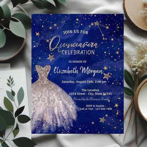 Rose Gold Dress Stars Galaxy Quinceaera Invitation