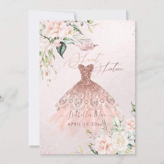 Rose Gold Dress Sweet 16 Blush Watercolor Flowers Invitation (Front)