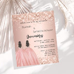 Rose gold dress twin Quinceanera budget invitation<br><div class="desc">A modern, stylish and glamorous invitation for a twin Quinceañeras, 15th birthday party. A rose gold background with faux gold glitter, 2 girls wearing ball gowns. The name is written with a modern hand lettered style script. Personalize and add your party details. 1 sheet = 1 invitation printed edge to...</div>