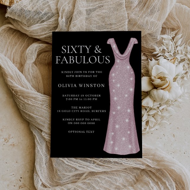 Rose Gold Dress Woman's Black 60th Birthday Party  Invitation (Creator Uploaded)