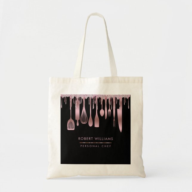 Rose Gold Drip Chef Kitchen Tools Glitter Faux Tote Bag (Front)