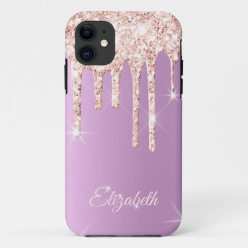 Rose Gold Drip Lavender Glitter Sparkle Monogram iPhone 11 Case