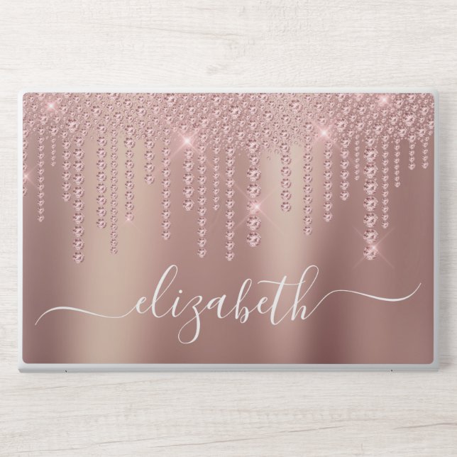 Rose Gold Dripping Diamonds Monogrammed HP Laptop Skin (Front)