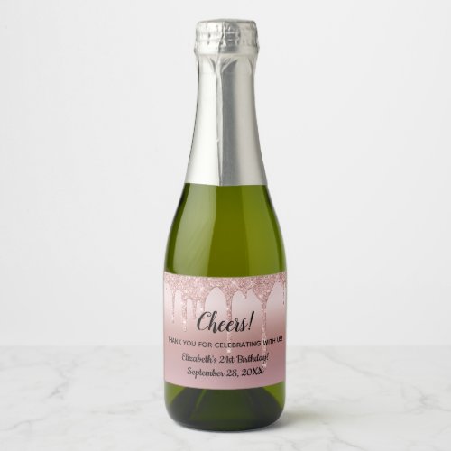 Rose Gold Dripping Glitter 21st Birthday Mini Sparkling Wine Label